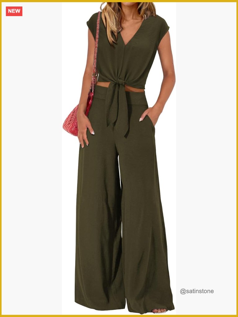 Cap Sleeve V Neck Crop Top Wide Leg Pant Set Tracksuit